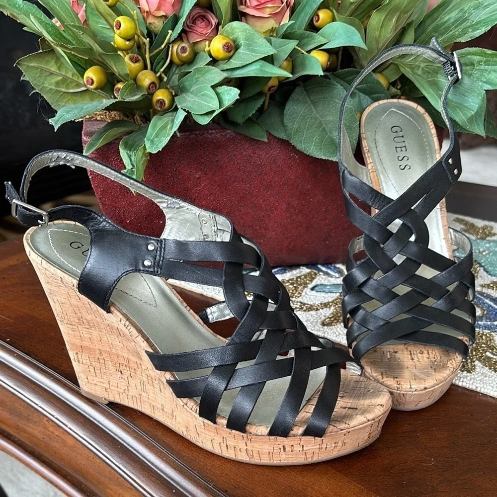 Guess Genuine Leather Black Multi-Strap Wedges Slingback Heeled Sandals Strappy